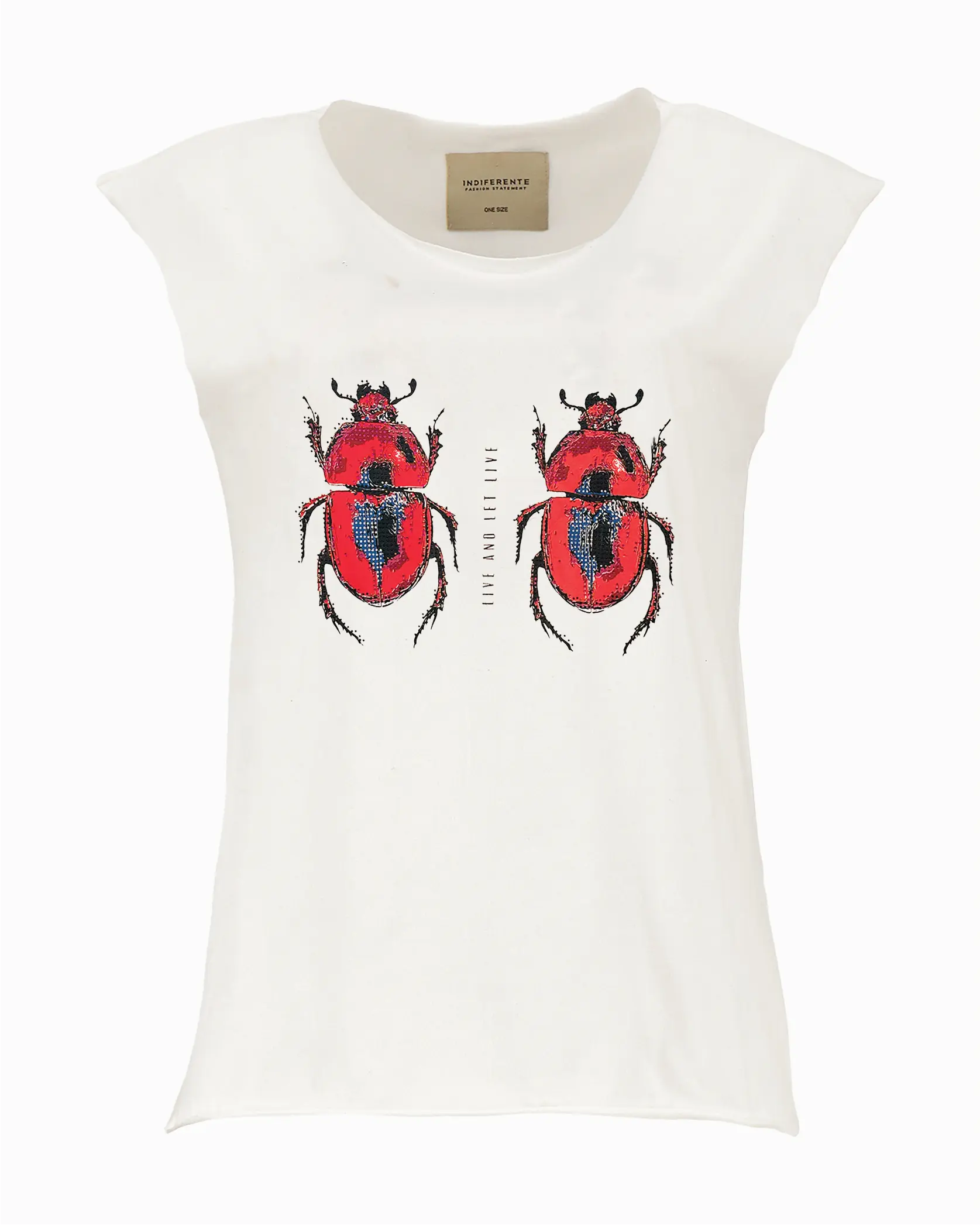 Playera de diseñador In-Diferente Fashion con escarabajos decorados con brillo y corte oversize.