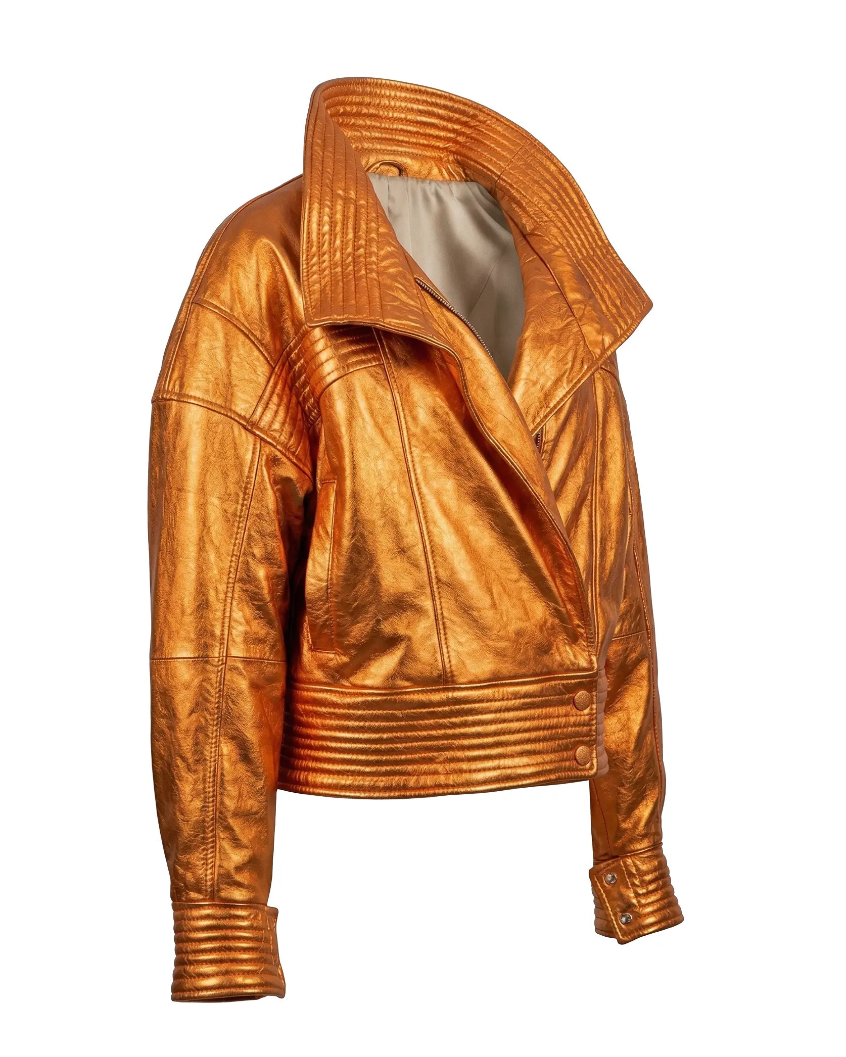 chamarra de piel mujer metalica naranja