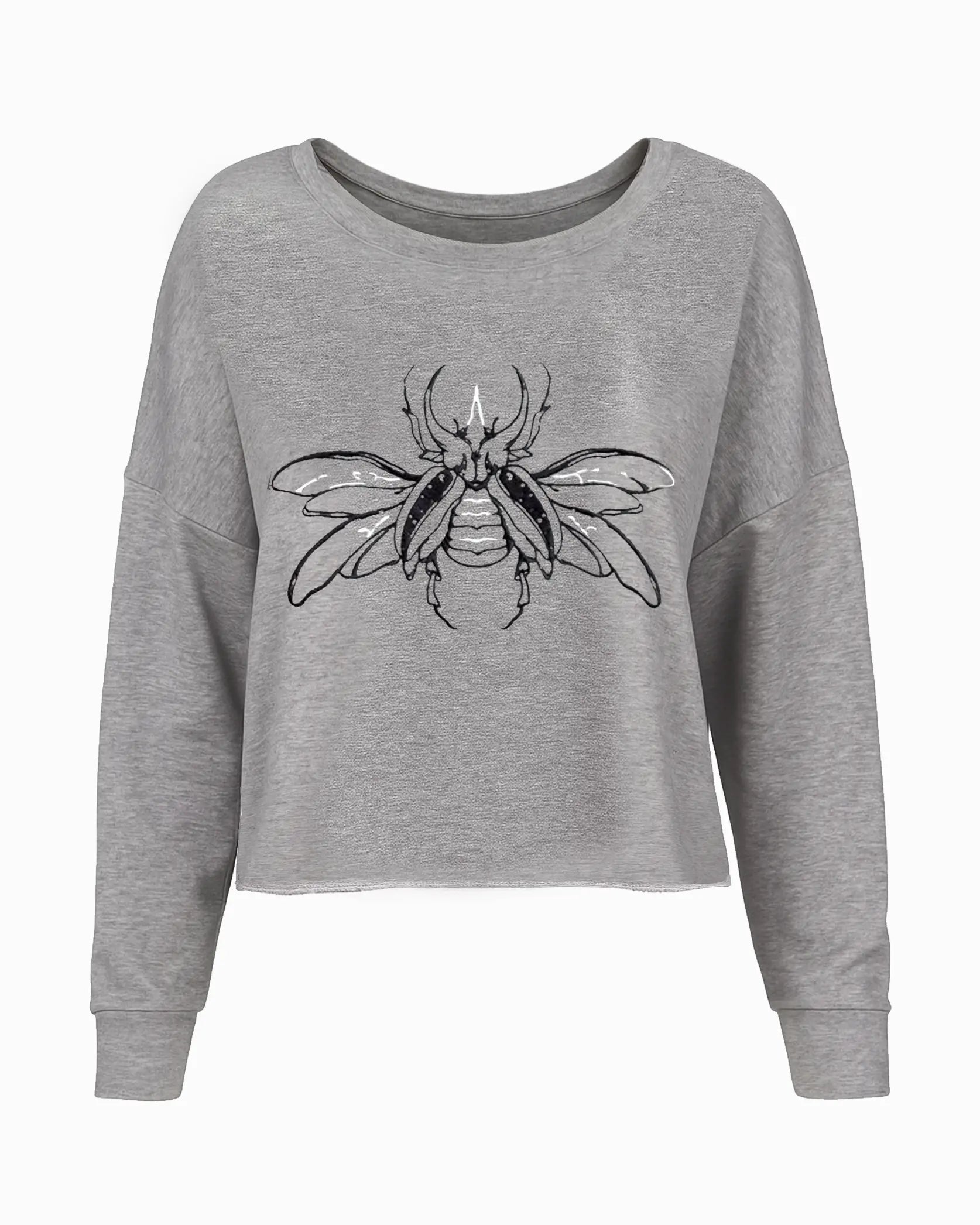 Foto producto Sweat Crop oversized gris de In-Diferente Fashion con bordado de escarabajo en negro y blanco 