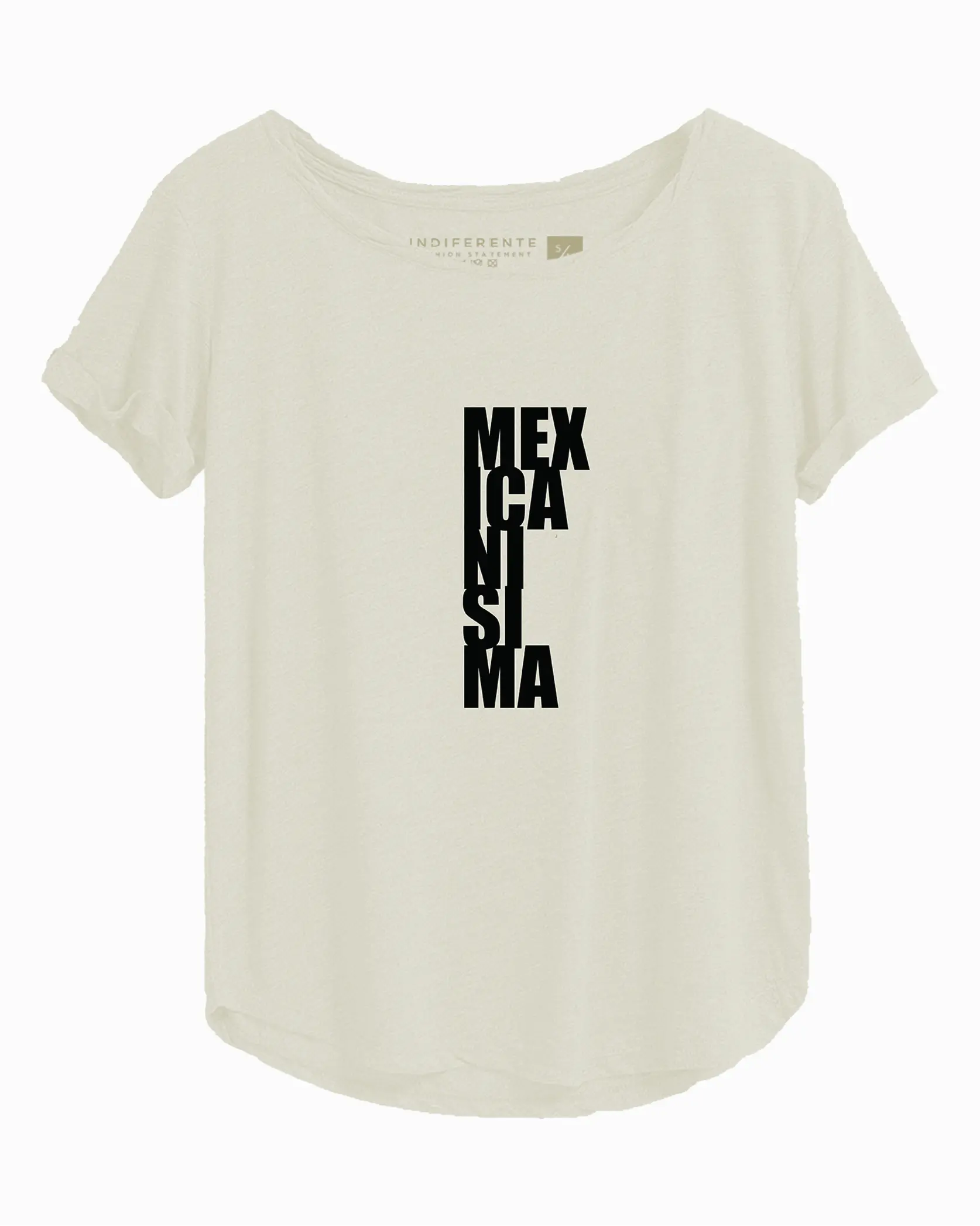 Playera cuello ovalado In-Diferente fashion en tono hueso con mensaje Mexicanísima