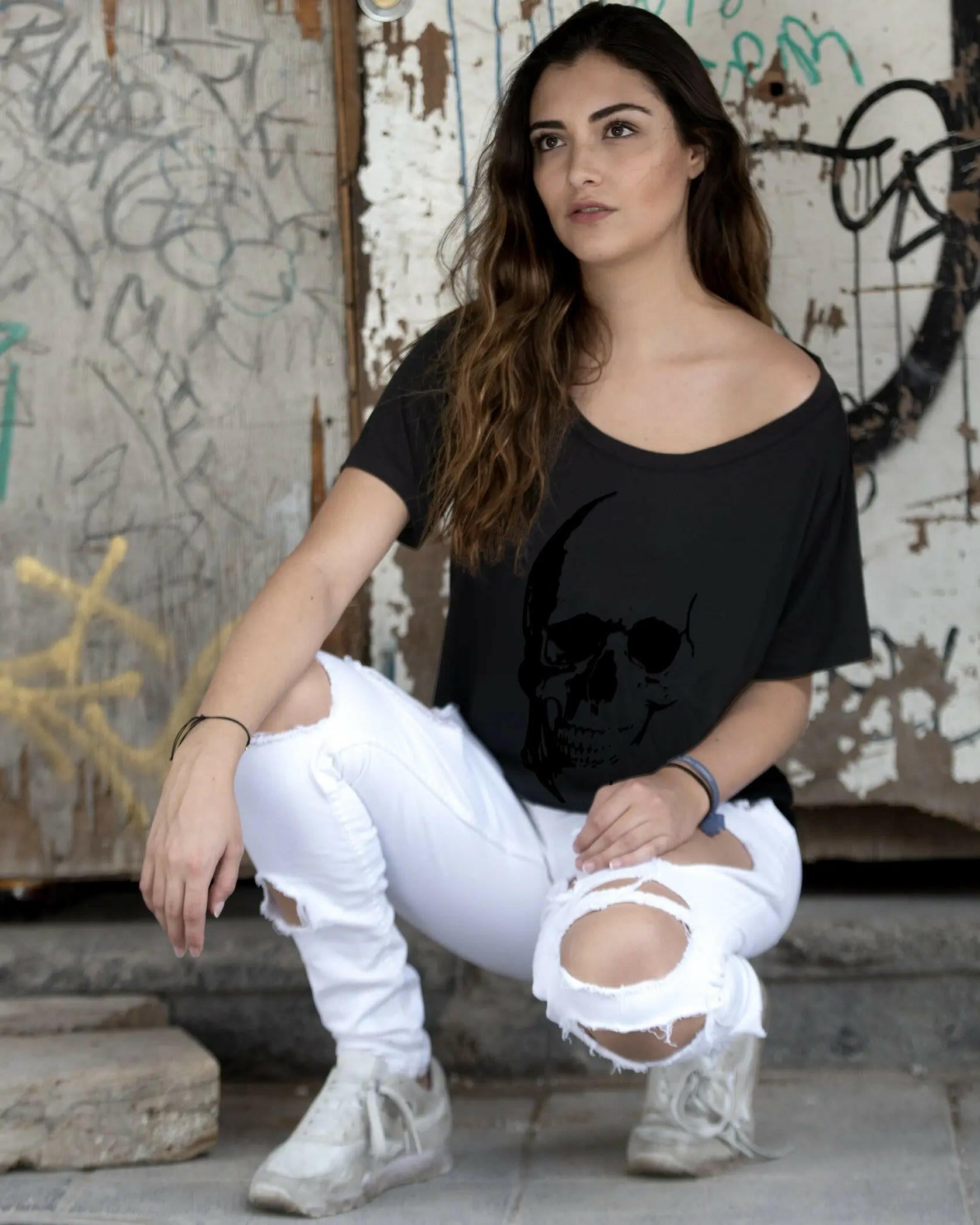 Playera Skull calavera Negra terciopelo In-Diferente Indiferente Fashion