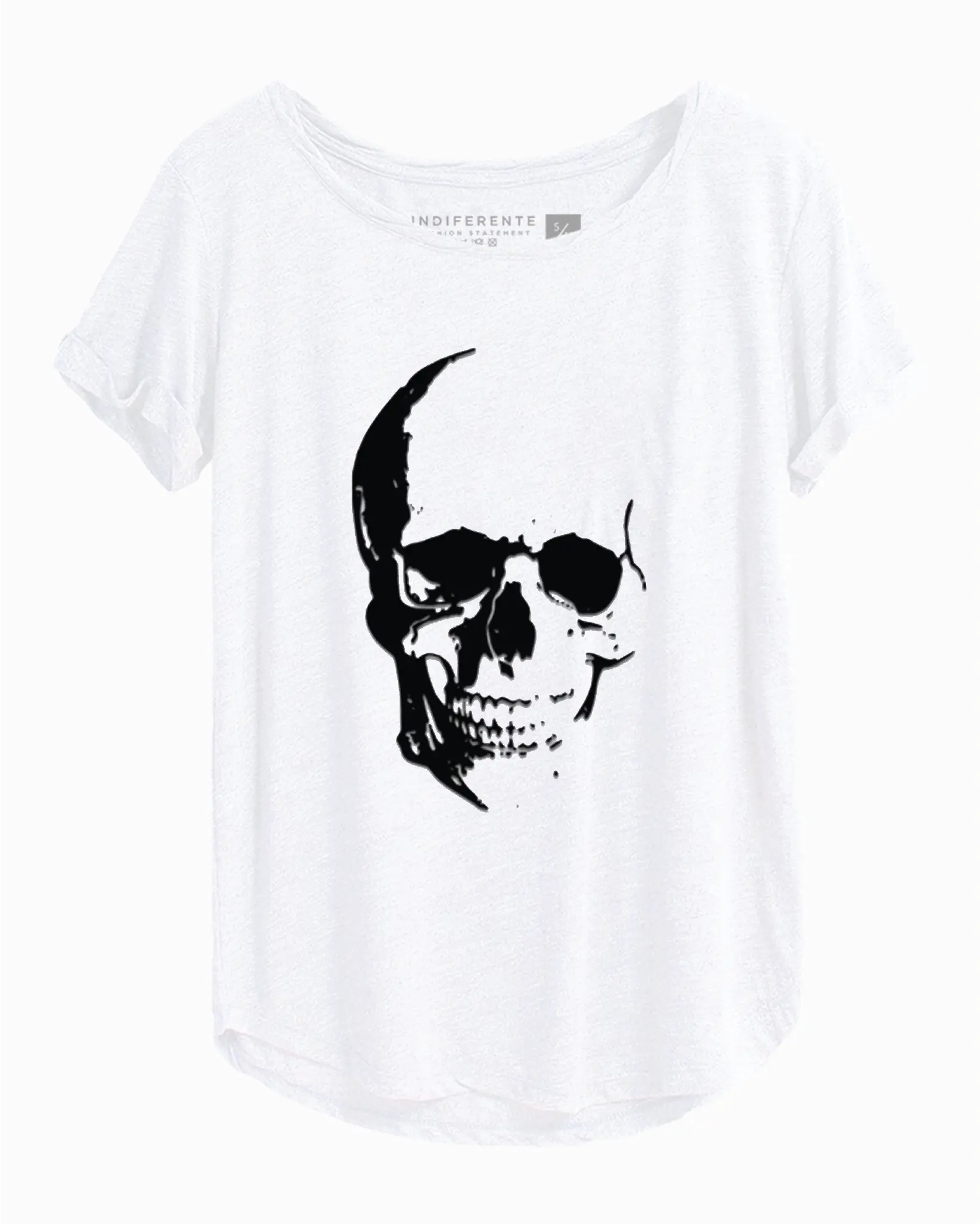 Playera mujer con mangas y corte oversized, estampado calavera negra en terciopelo In-Diferente Fashion