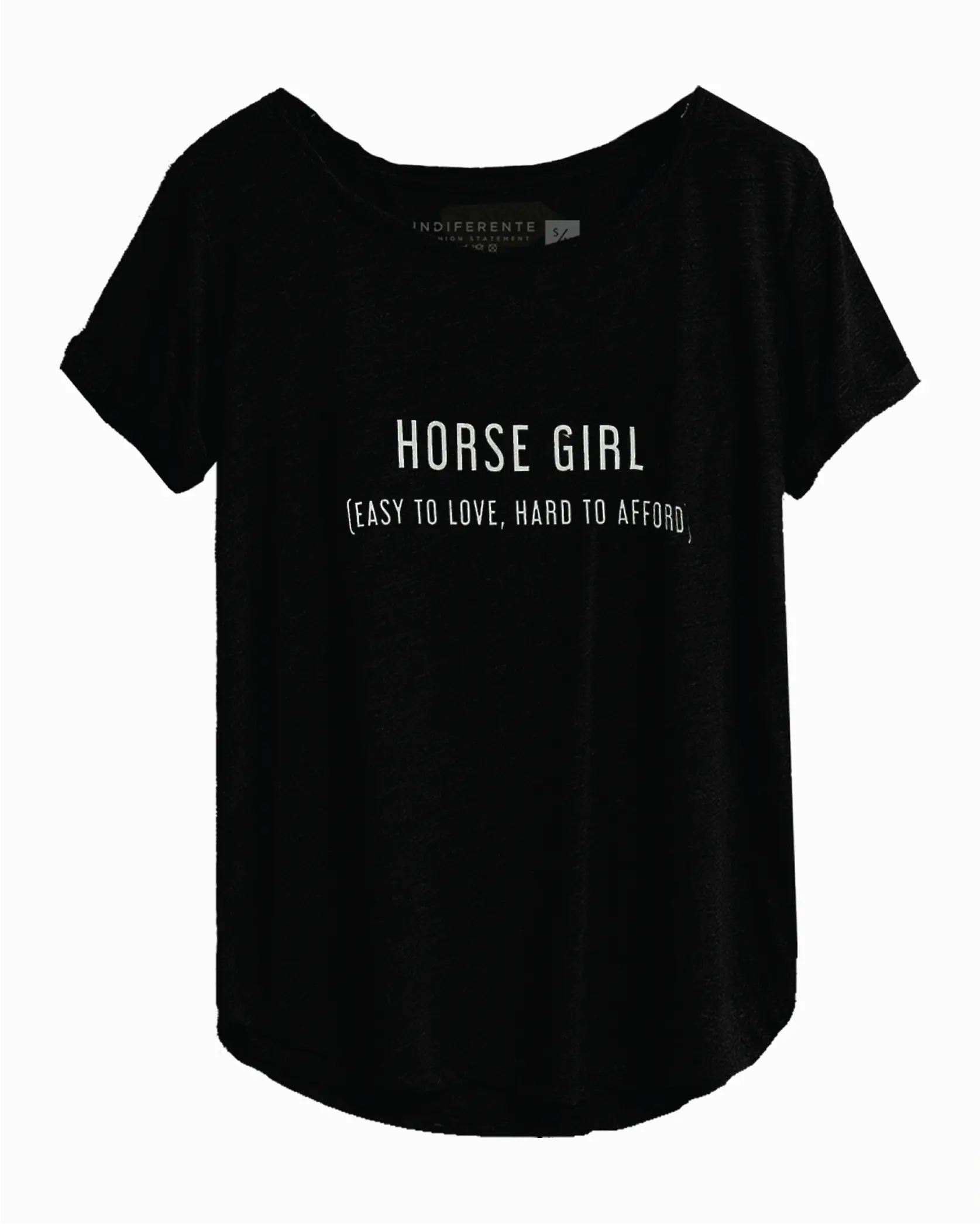 Playera con frases de caballos estampada negra off shoulder In-Diferente Fashion