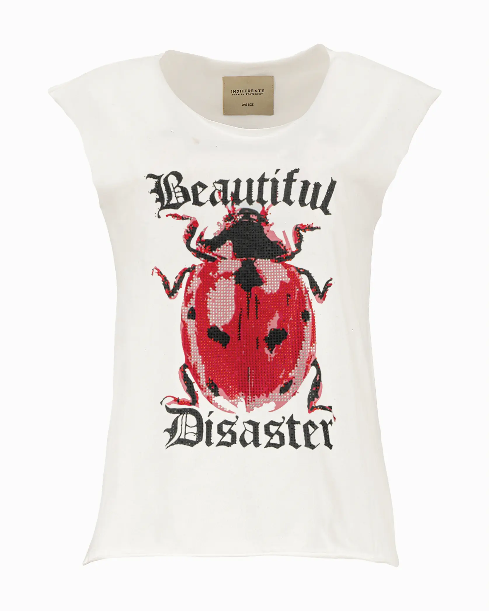 Playera oversized In-Diferente Fashion con gráfico de catarina y frase Beautiful Disaster.
