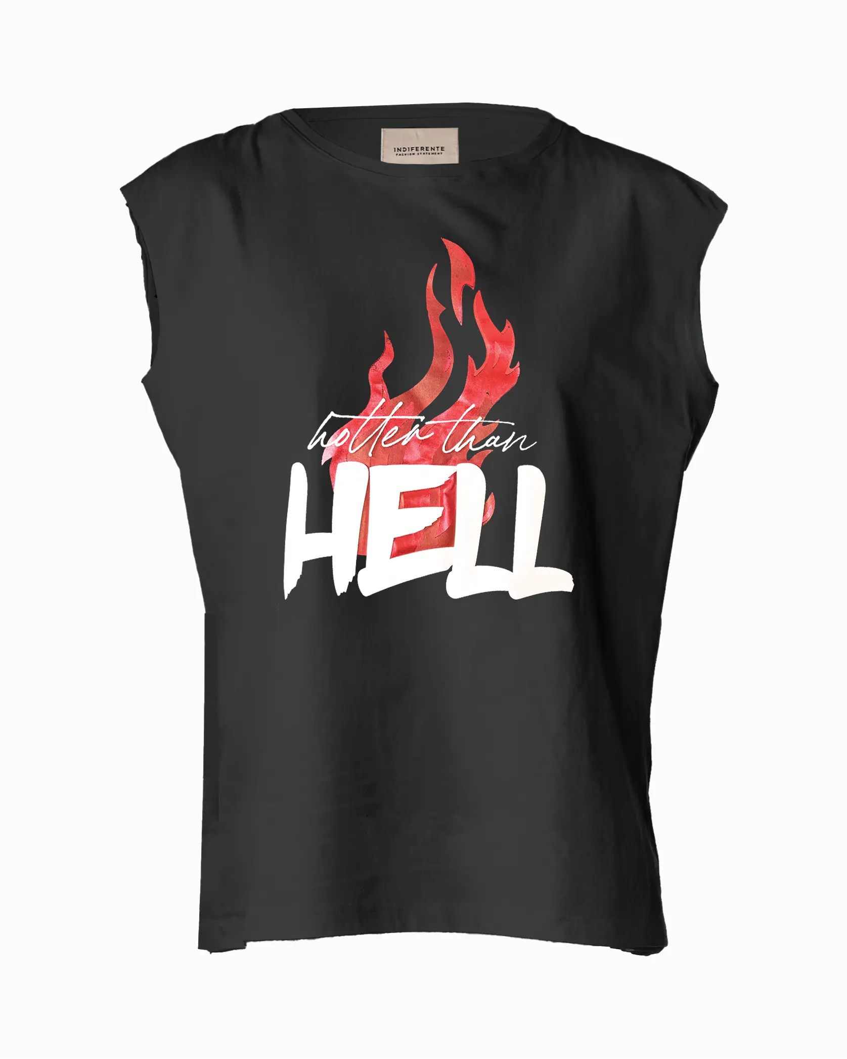 Camiseta negra sin mangas con estampado “Hotter Than Hell” en 3D y foil de In-Diferente fashion, diseño con efecto visual de alto contraste.